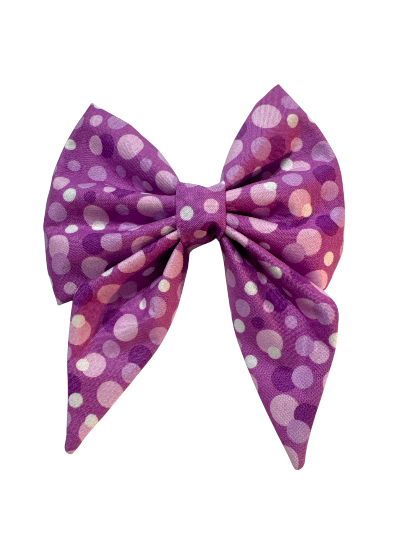 African violet dog bow features large, vibrant polka dots in a delightful mix of purple and lavender shades
