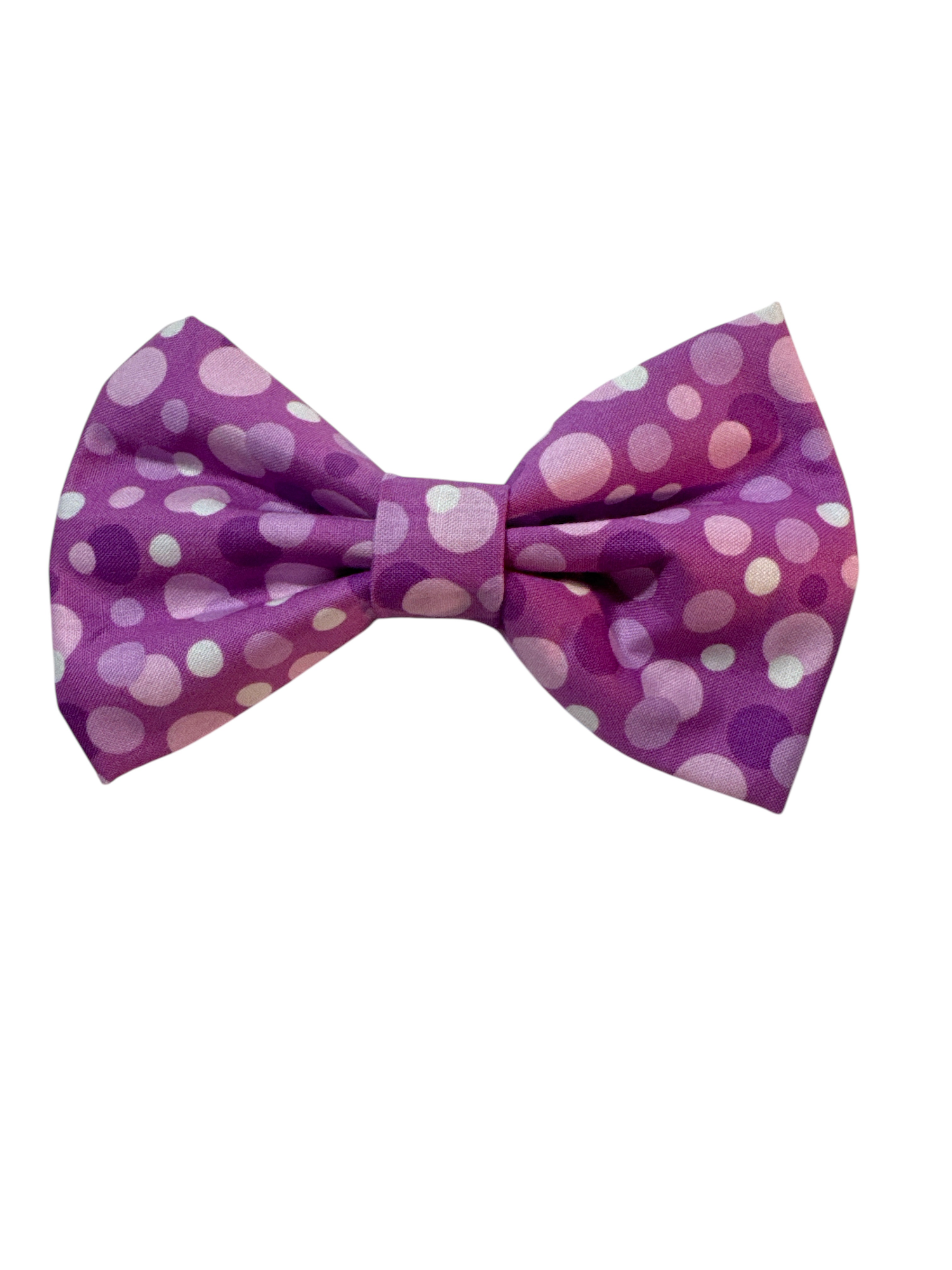 African violet dog bow  features large, vibrant polka dots in a delightful mix of purple and lavender shades