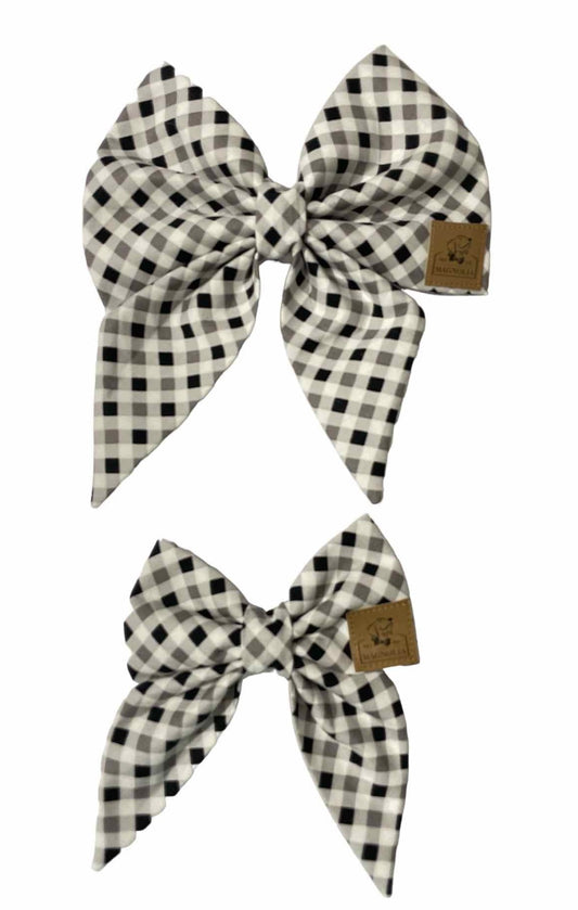 Our classic Black, White, and Grey Gingham Dog Bow is a sophisticated and fashionable choice for your pups wardrobe. Handmade in the USA