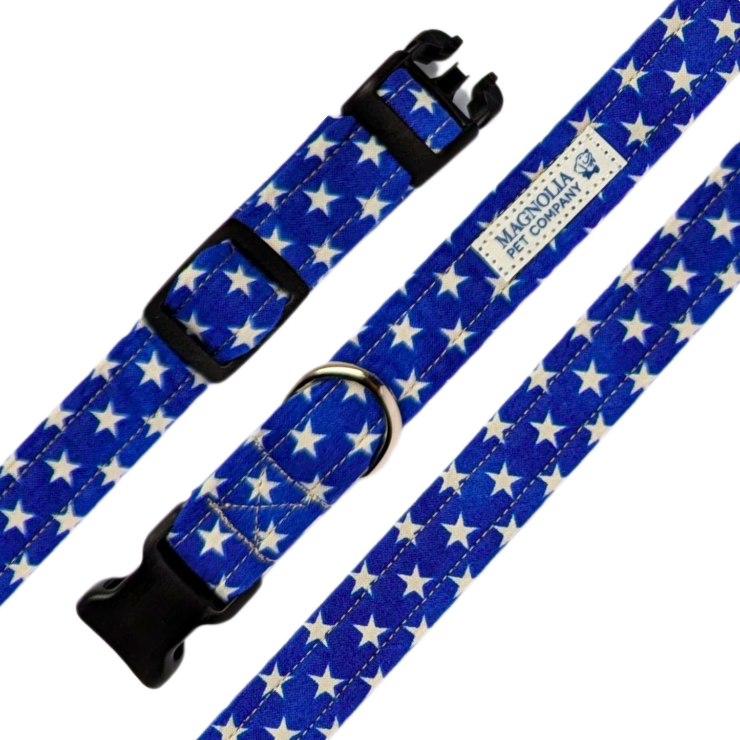 Featuring a vibrant blue background adorned with crisp white stars