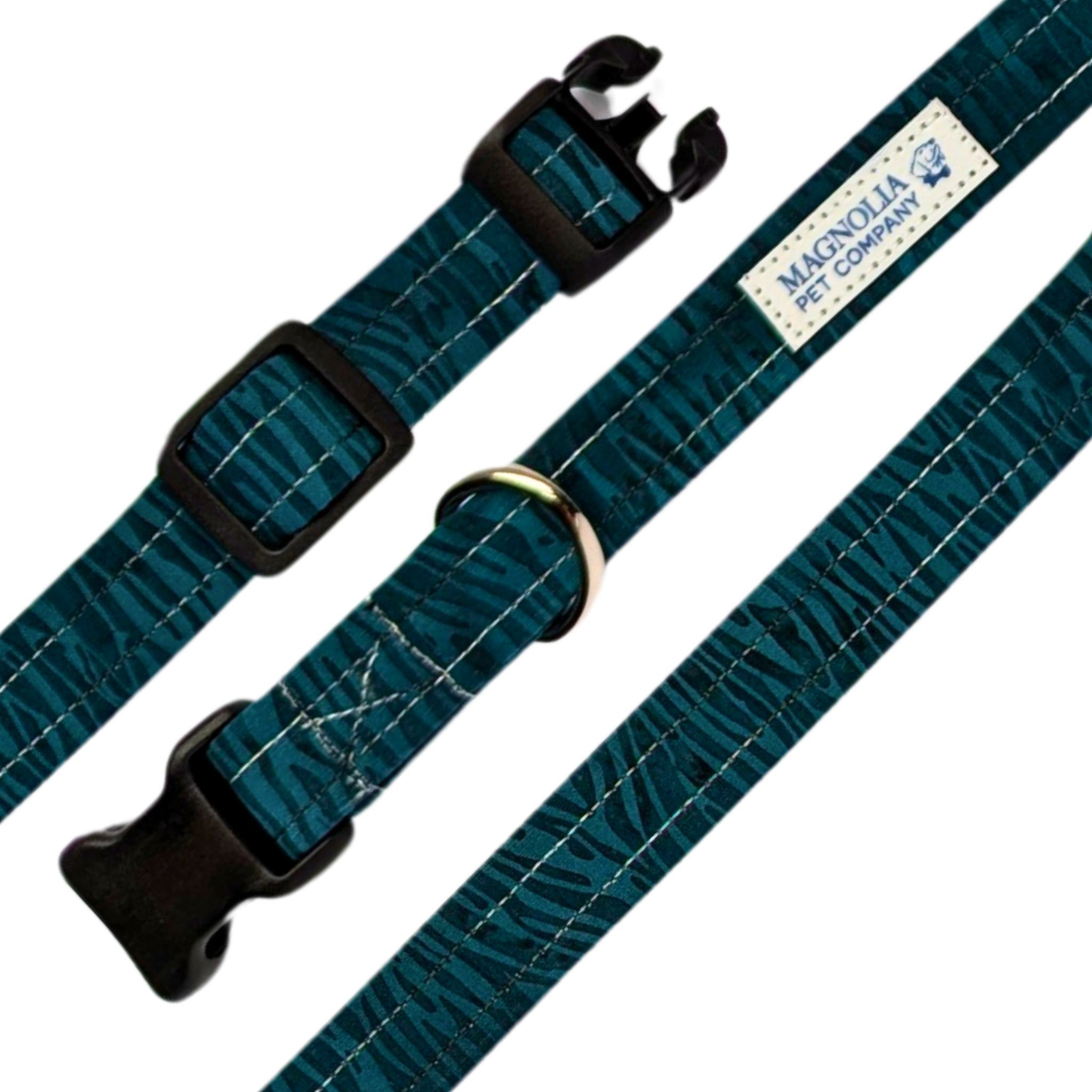 Featuring a striking teal background with sleek black zebra stripes