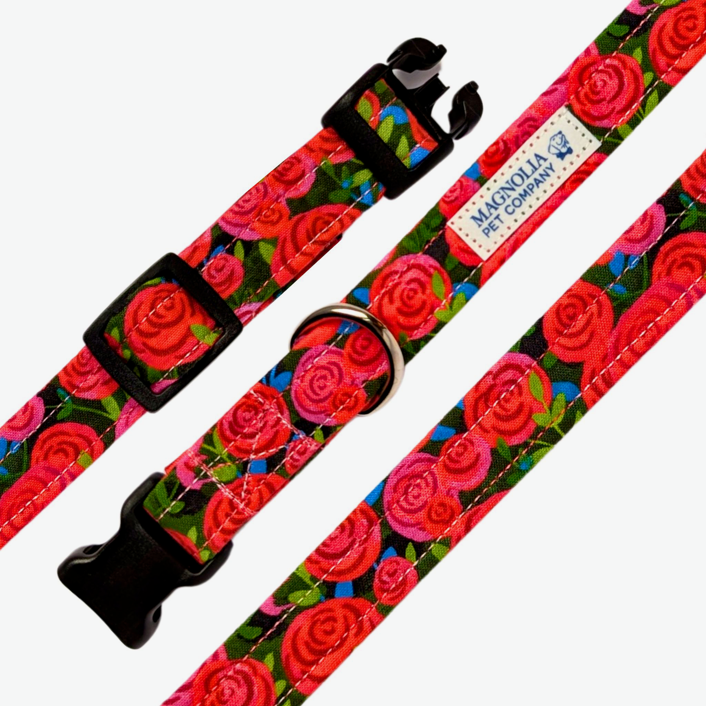 Adorned with vibrant red and pink roses