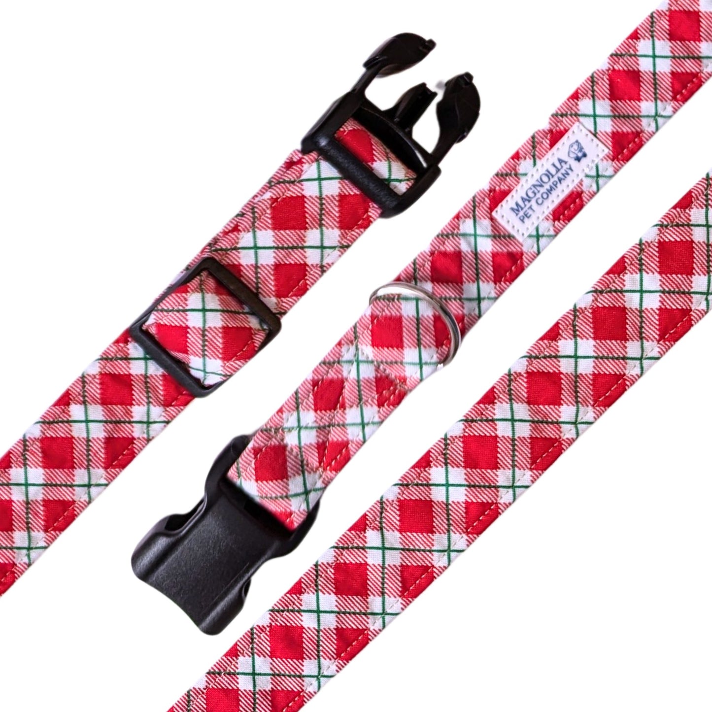 red and white plaid dog collar, accented by a subtle, dainty green stripe