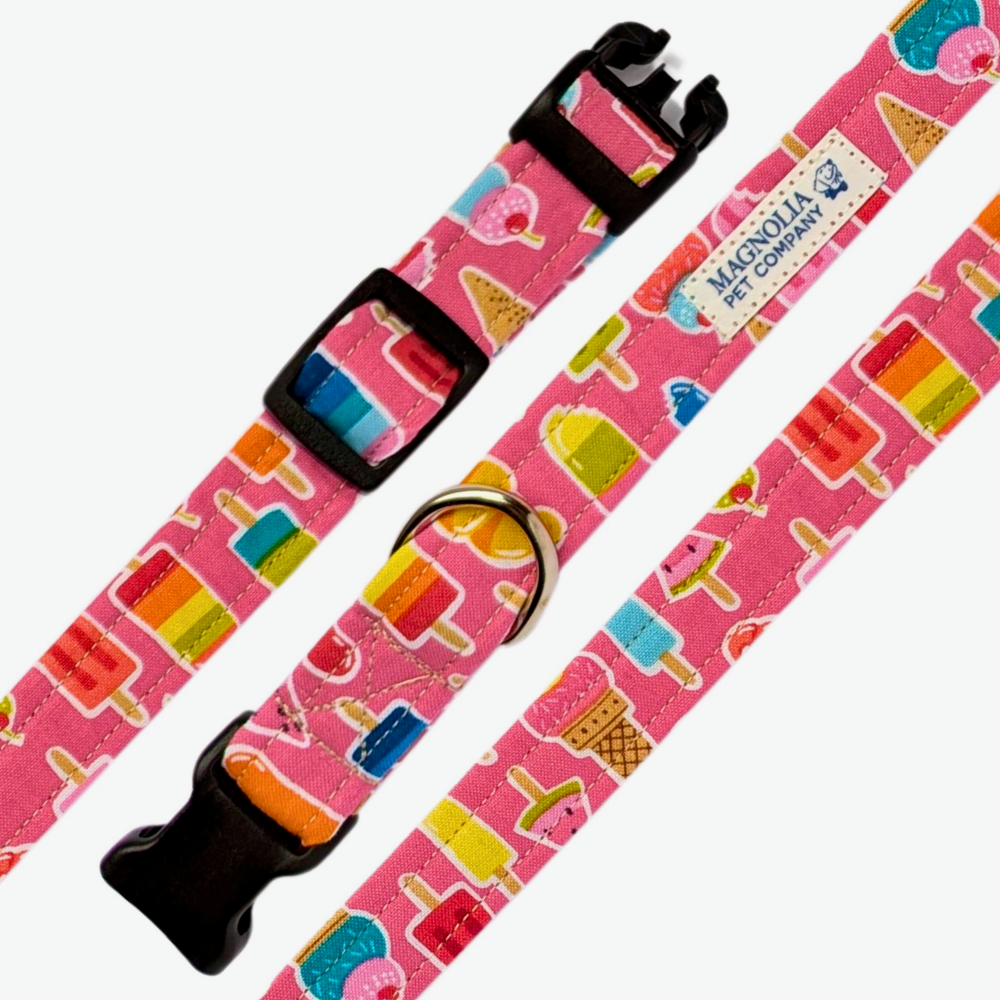 This hot pink collar is adorned with a playful pattern of various ice cream flavors and chilly treats, making it a fun and whimsical addition to your dog's wardrobe