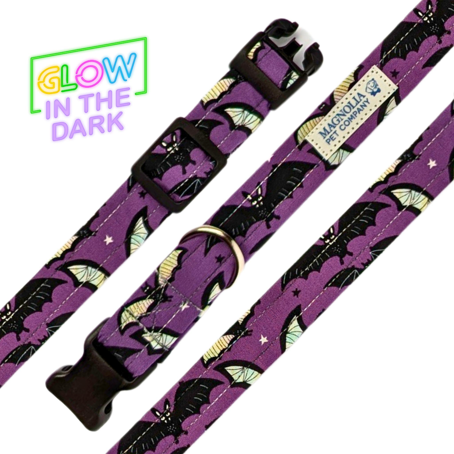 dark purple collar features a striking bat pattern in black and white, which glows in the dark for a mystical effect