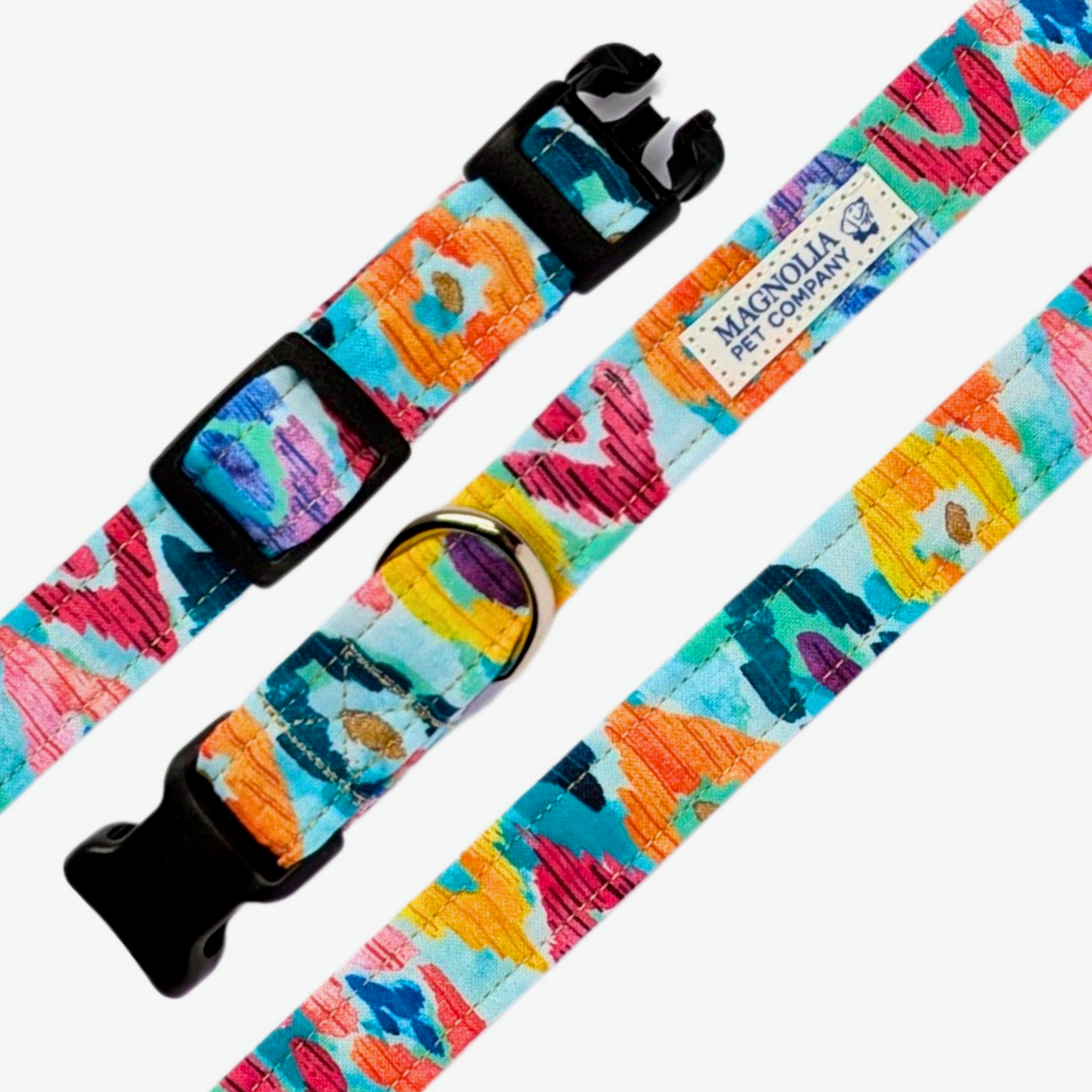 Featuring a striking blend of red, yellow, green, and blue in a dynamic Ikat pattern