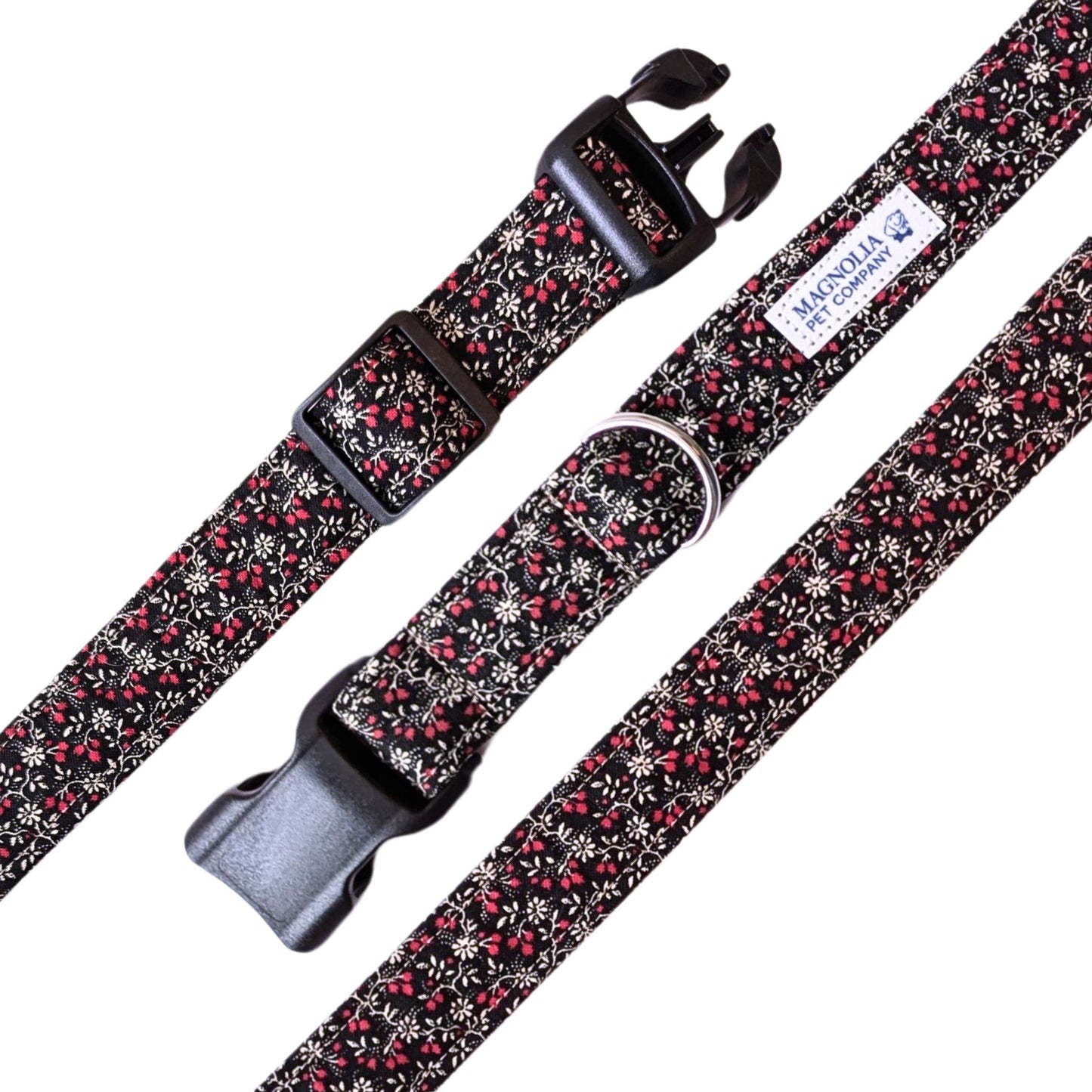 red and white flowers on a sleek black fabric