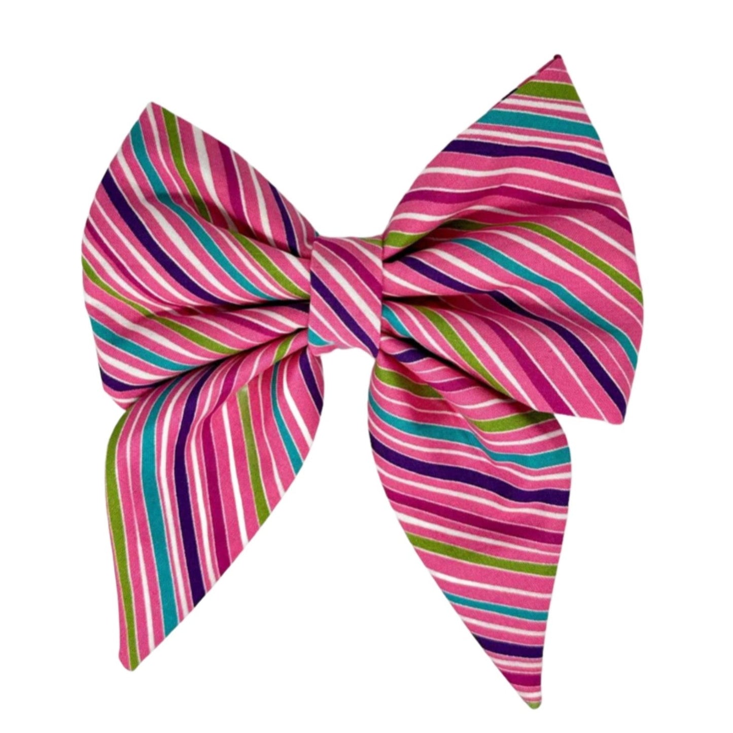 This cheerful dog bow tie features purple, aqua, magenta, green, and white stripes on a pink background by Magnolia Pet Company