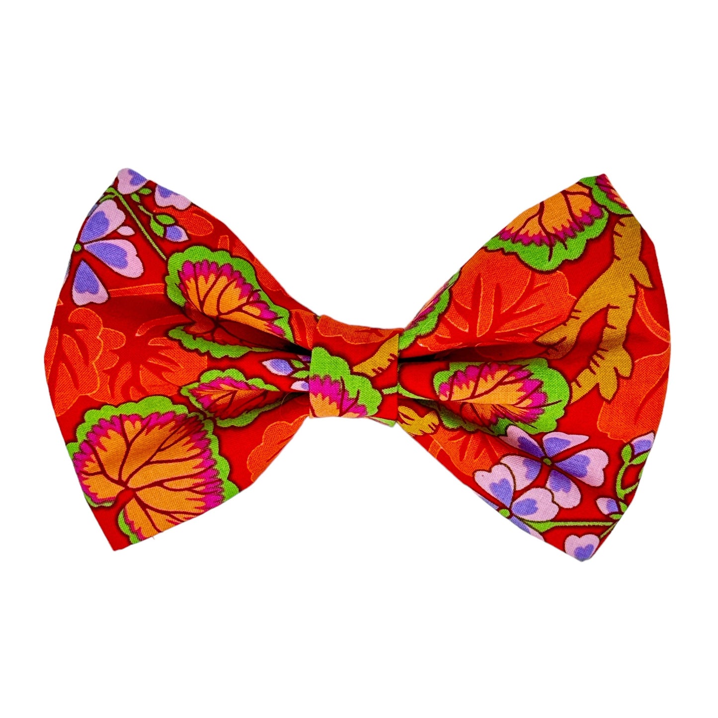 This lovely dog bow tie features a beautifully illustrated garden in shades of red, green, pink, and purple on a orange background by Magnolia Pet Company.