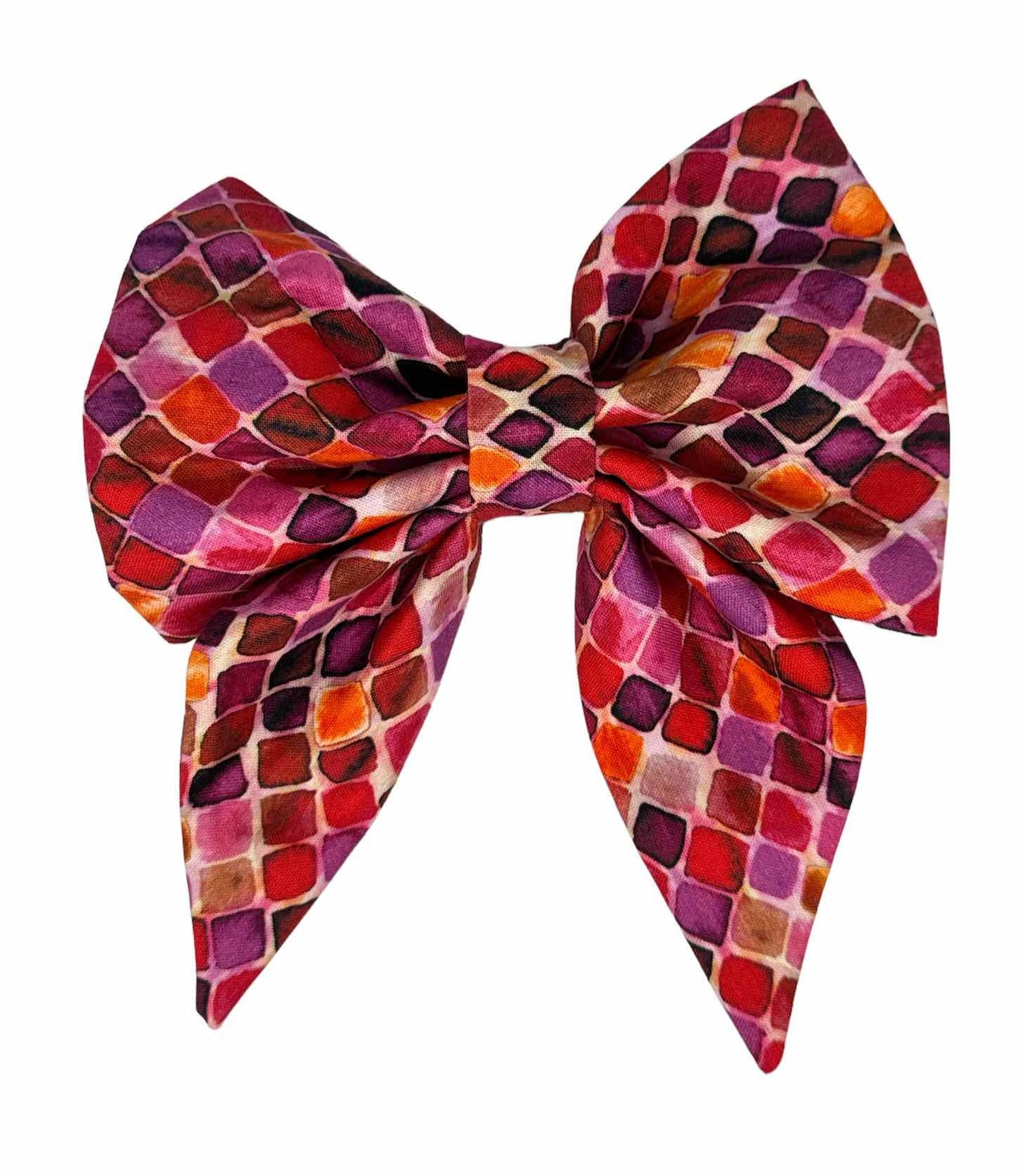 Dog bow featuring a rich pomegranate color and an intricate diamond mosaic design. — Magnolia Pet Company