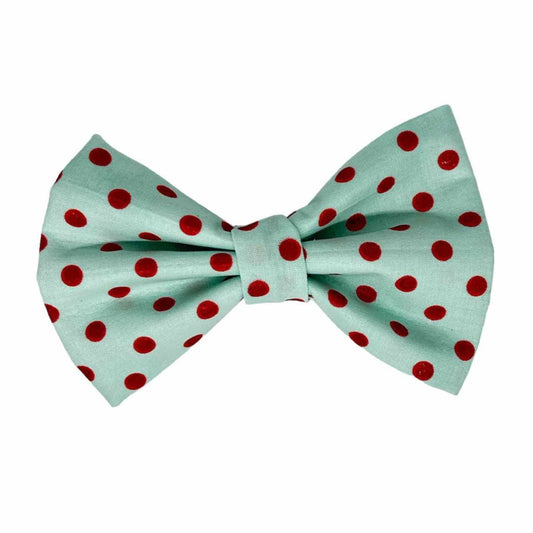 This vibrant dog bow tie features a delightful light blue-green fabric adorned with big, sparkling red polka dots. Perfect for adding a pop of color and a touch of whimsy, this bow ensures your furry friend stands out in any crowd
