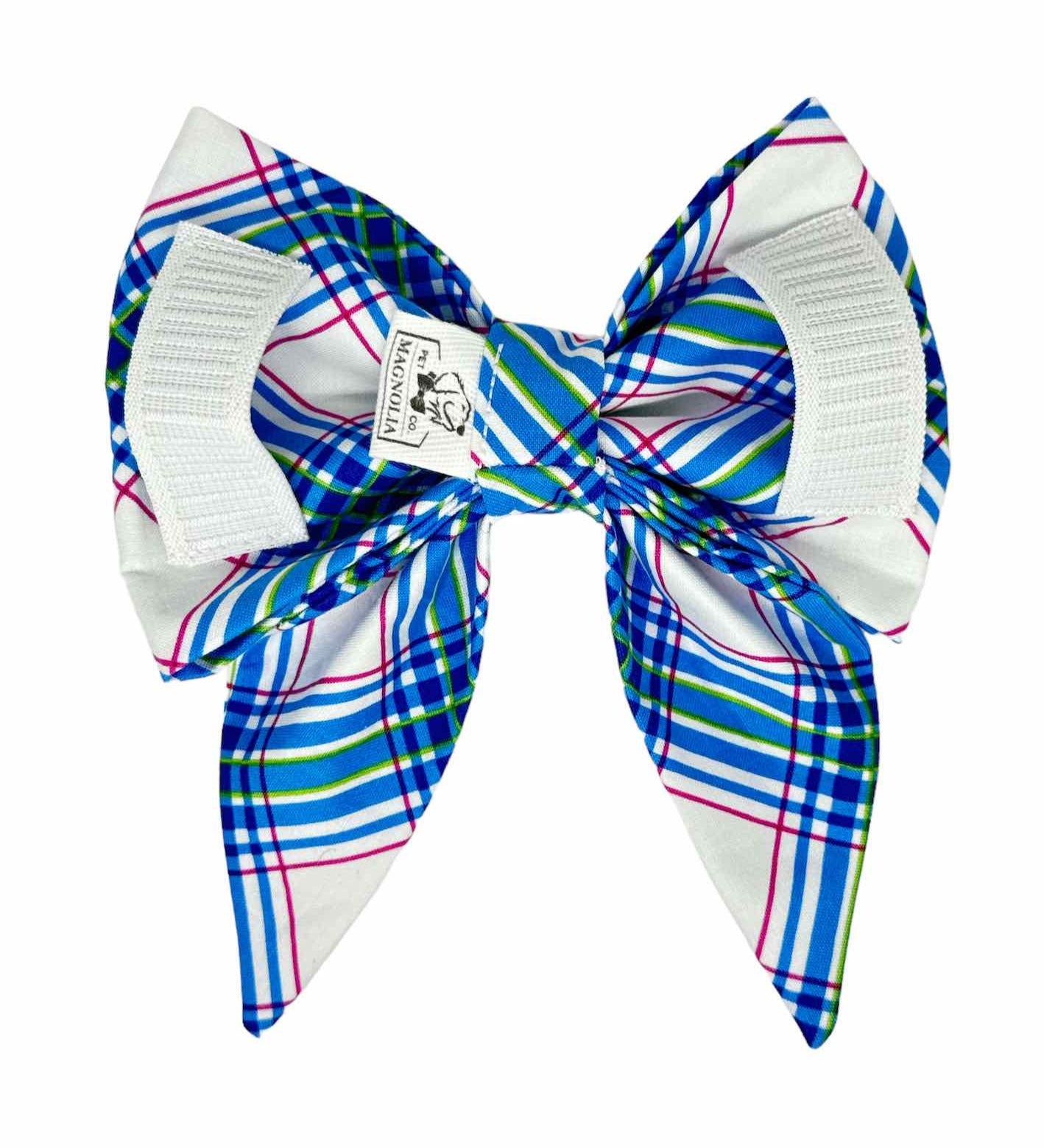 Spring Blue Tartan Plaid Dog Bow