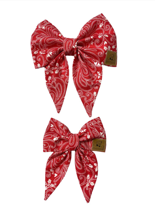 Our Sweetheart Paisley dog bow features a white paisley design set against a red background adorned with delicate white hearts. Made in the USA
