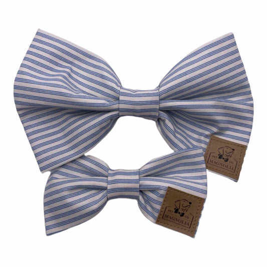 This baby blue pin stripe bow tie is a classic springtime accessory. Perfect for a spring celebration or walk in the park.