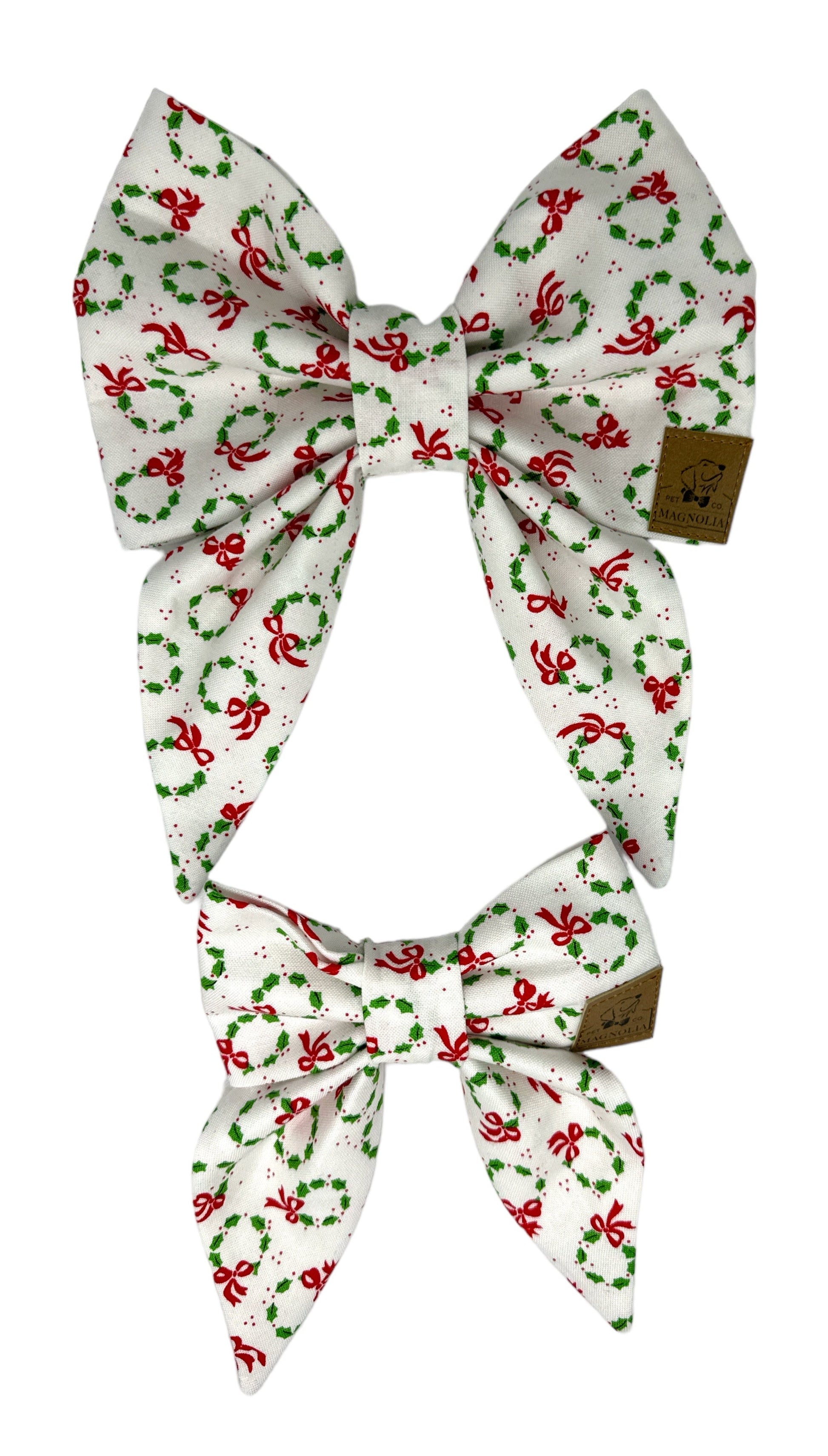 vibrant green Christmas wreaths and cheerful red bows