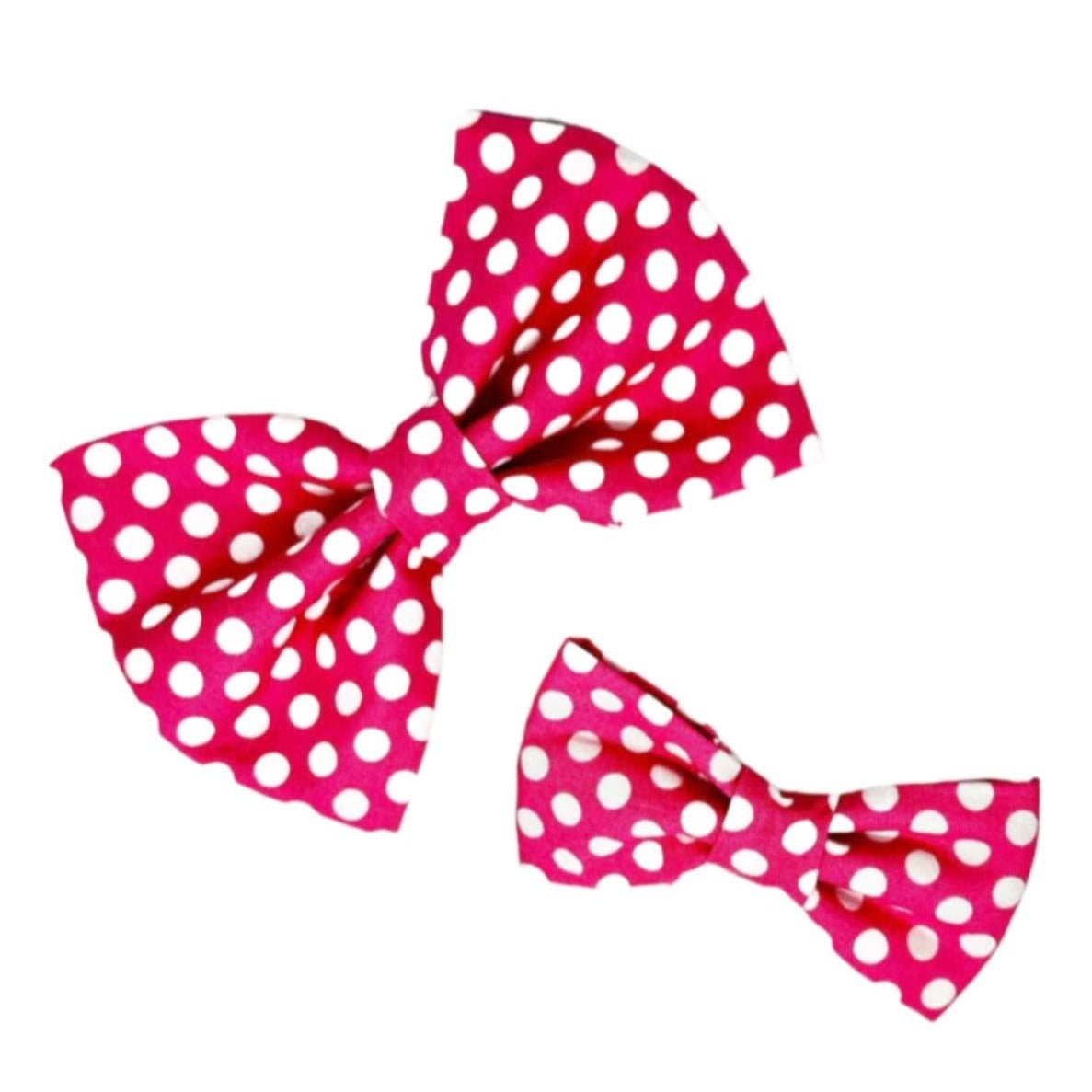 Our Bodacious Pink Large Polka dot Dog Bow Tie features a crisp white polkadot pattern against a vibrant pink background. Handmade in the USA.