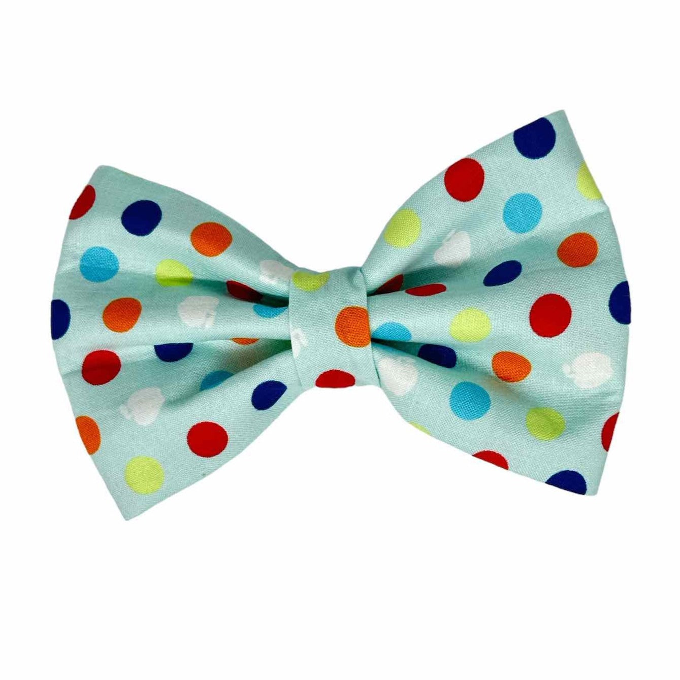 Dog bow tie featuring a light blue fabric background sprinkled with vibrant polka dots in bright yellow, green, red, blue, and white, this bow tie is the perfect accessory to add a splash of fun and color to your dog's look. Magnolia Pet Company