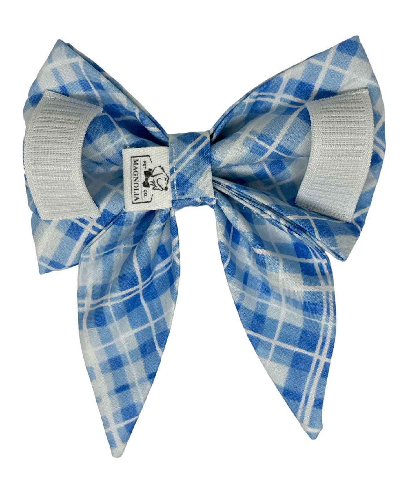 Sky Blue Madras Plaid Dog Bow