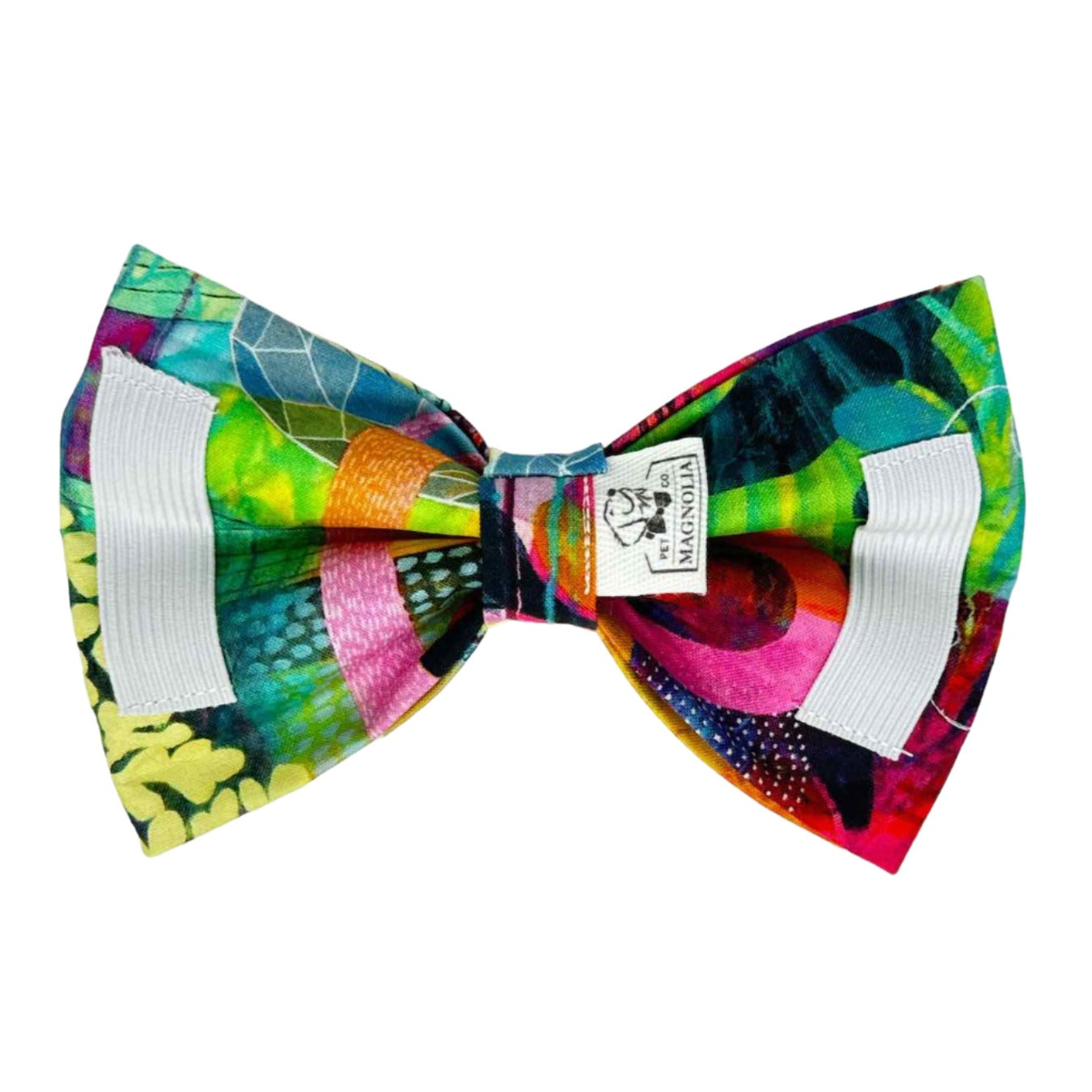 Wild at Heart dog bow tie by Magnolia Pet Company. Bright colorful painterly abstract pattern.
