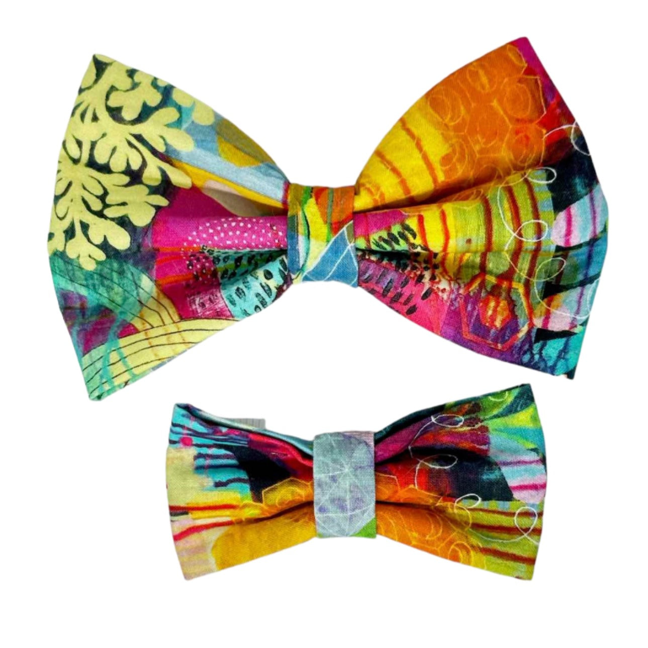 Wild at Heart dog bow tie by Magnolia Pet Company. Bright colorful painterly abstract pattern.