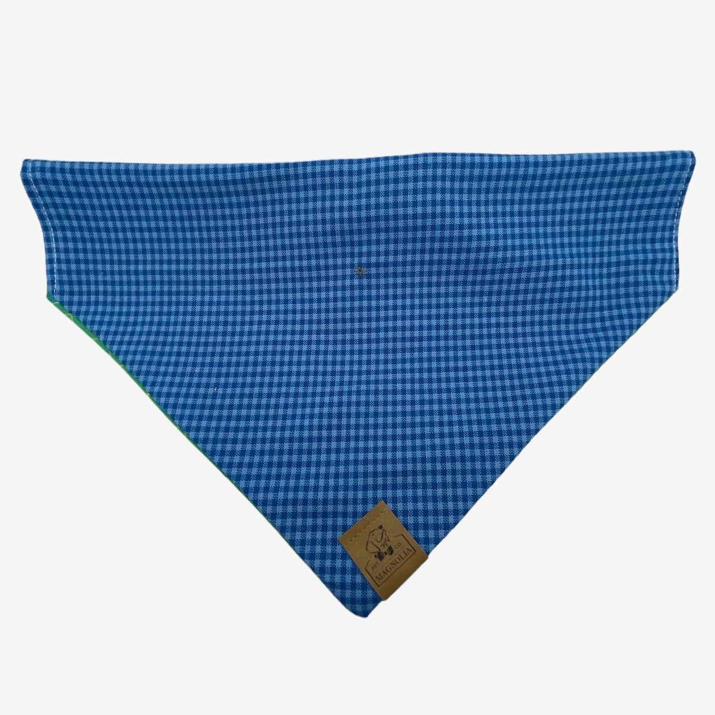 Blue on Blue gingham dog bandana with reversible blue plaid tartan print 