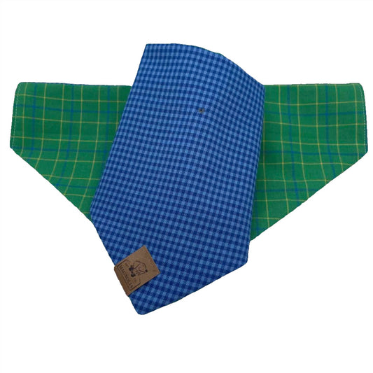 Blue on Blue gingham dog bandana with reversible blue plaid tartan print 