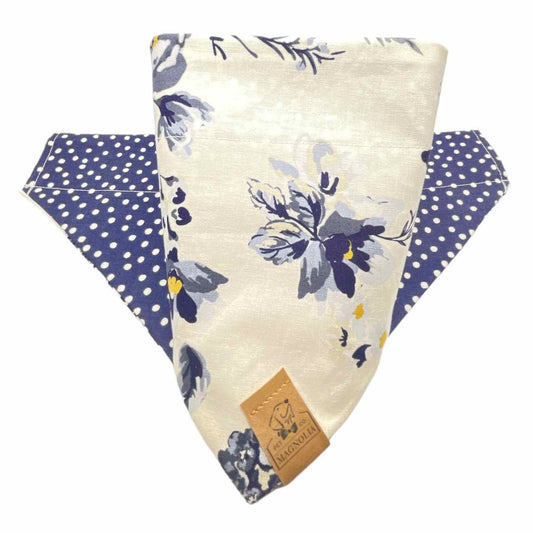 Blue vintage flower reversible  Dog Bandana with navy and white polka dots