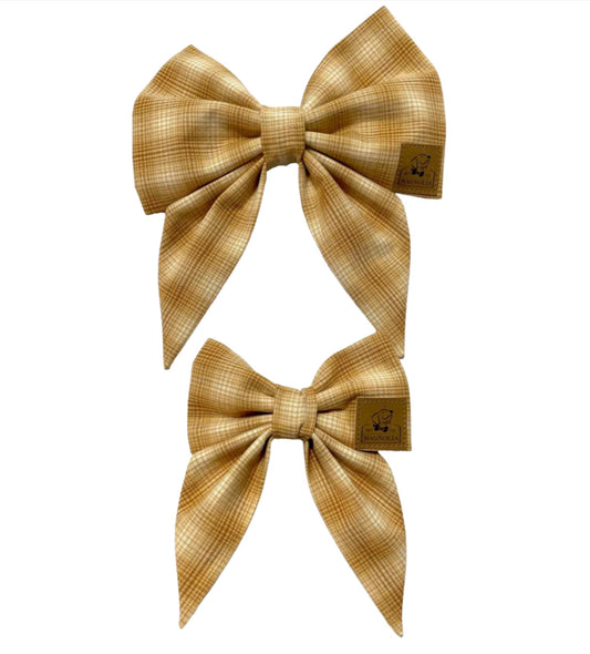 refined camel color and cream white plaid pattern, this bow tie shines with timeless elegance