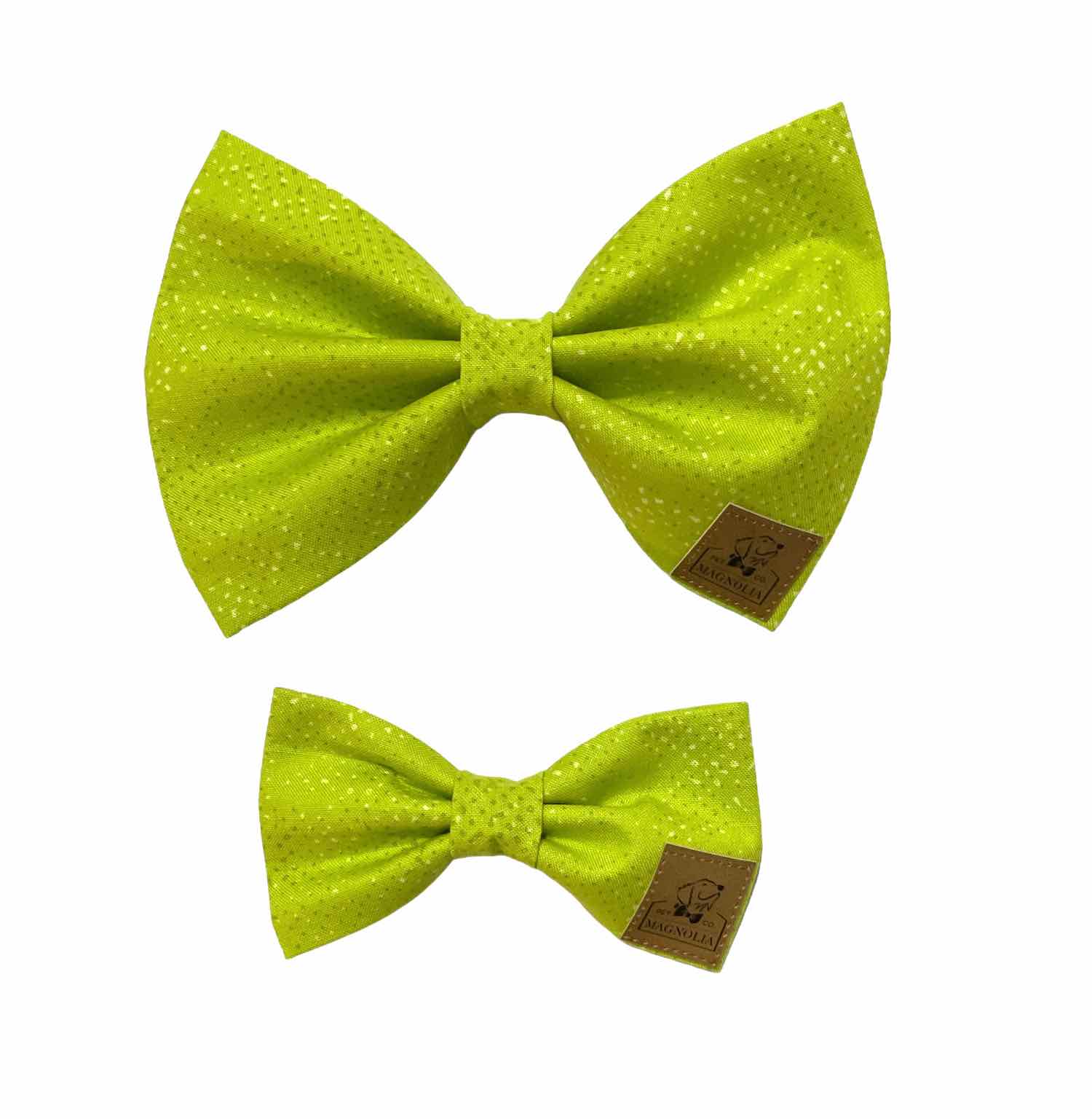 his trendy accessory features a vibrant lime green fabric sprinkled with tiny digitized specs