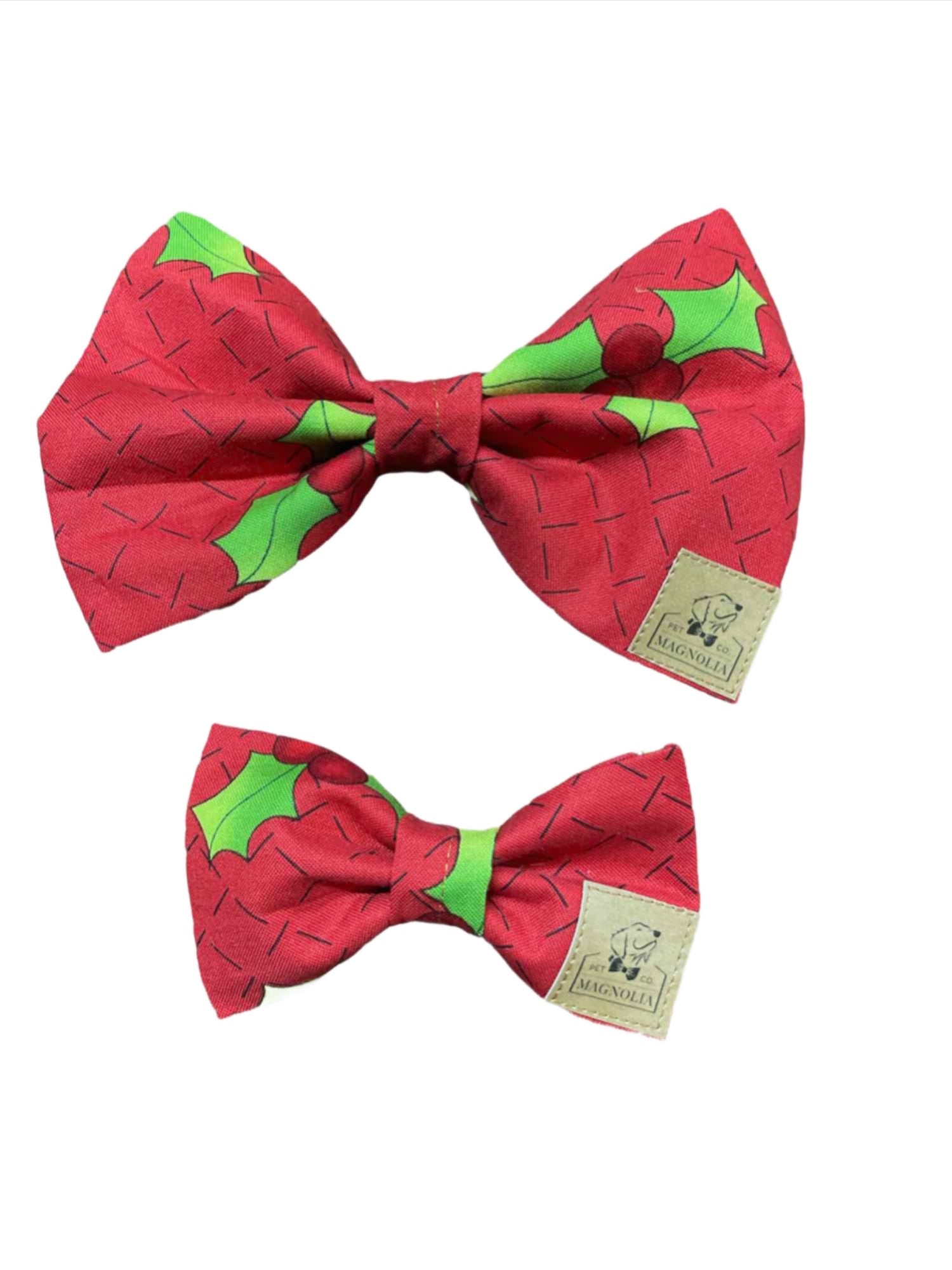 Featuring a vibrant red fabric adorned with cheerful green holly leaves