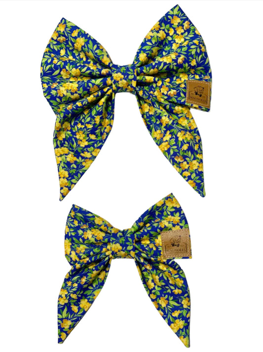 Blue and Yellow Prairie Flower Floral Dog Bow